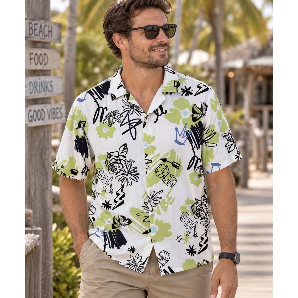 No Boundaries Mens Large White Green Graffiti Floral Rayon Button Down Shirt